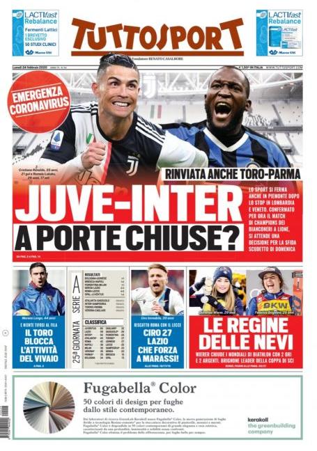 'Juve-Inter a porte chiuse?': le prime pagine di oggi, lunedì 24 febbraio