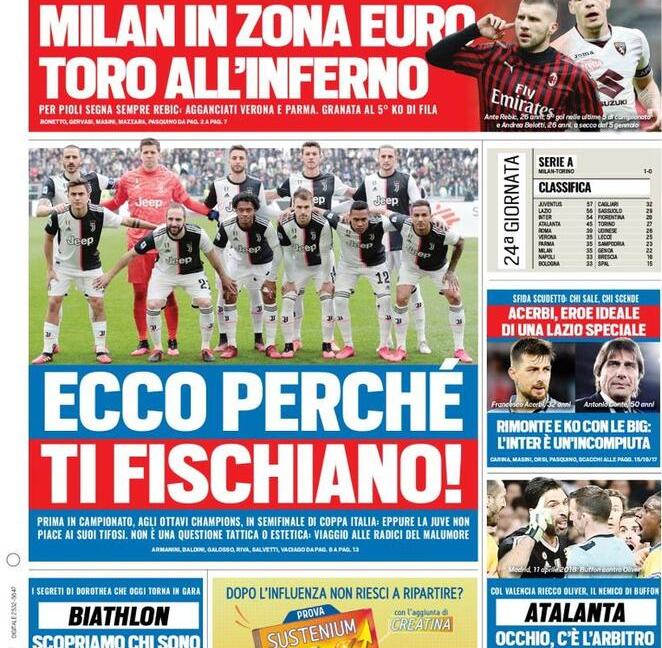 Juve, 'ecco perché ti fischiano' e Inzaghi dice: 'Vi sfido io'. Le prime pagine