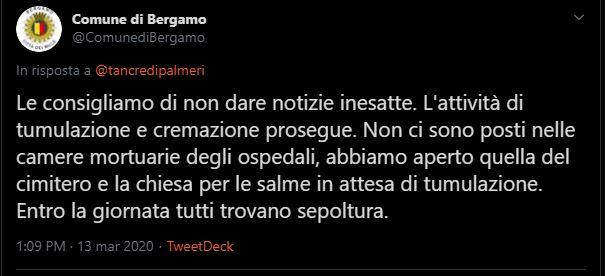 Anche il Comune di Bergamo contro Tancredi Palmeri: 'Non dare notizie inesatte'