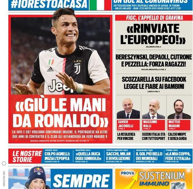 'Giù le mani da Ronaldo', 'Coronavirus tolleranza zero', le prime dei giornali