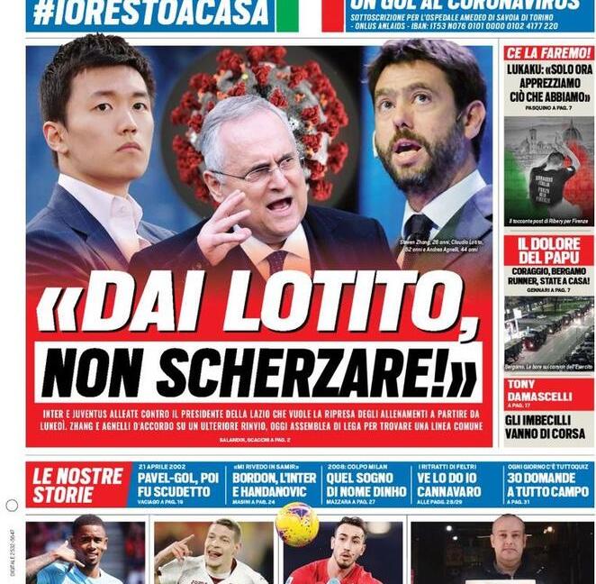 'Dai Lotito, non scherzare' e 'Higuain apre la fuga alla Juve': le prime dei giornali