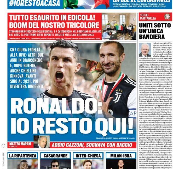 'Nelle mani di Conte', 'Ronaldo: Io resto qui!' e 'Il rebus Bernardeschi': le prime pagine dei giornali