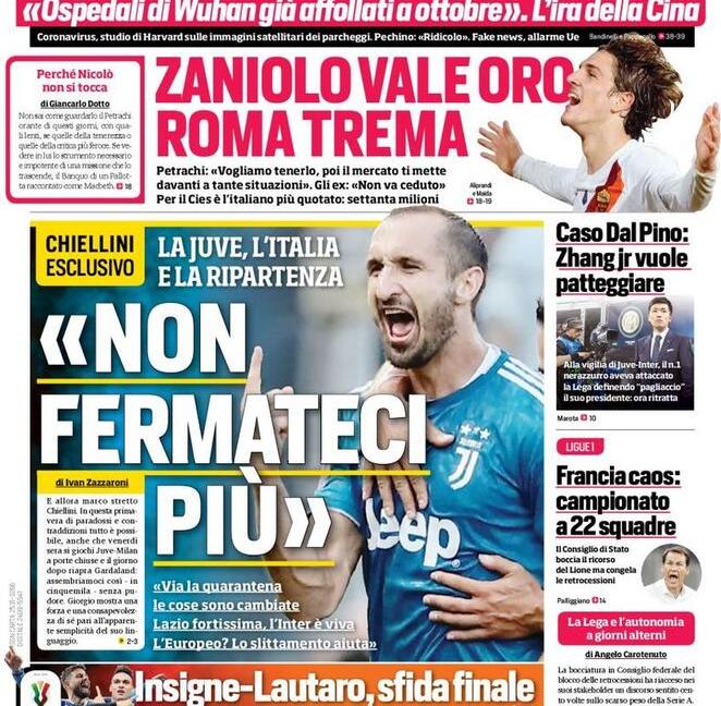 'Zaniolo vale oro, Roma trema' e 'Juve, riecco le tue strisce': le prime dei giornali