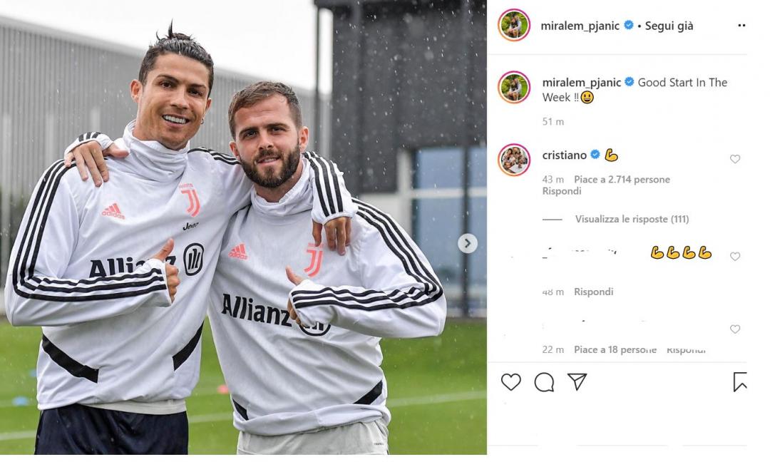 Pjanic, FOTO con Ronaldo: 'Buon inizio di settimana'. E CR7 gli risponde...