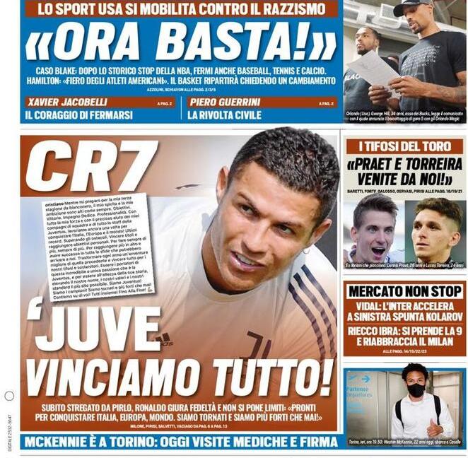 'Juve, vinciamo tutto', 'Dzeko-Milik in 48 ore', 'Il ritorno di Kean': le prime pagine dei giornali