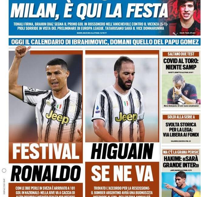 'Ha vinto Ronaldo', 'Higuain se ne va': le prime dei giornali