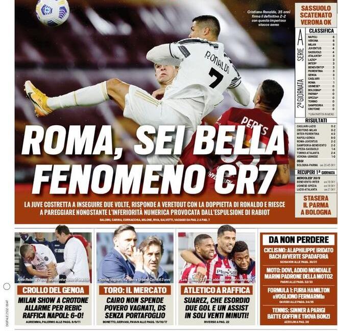 'Dzeko grazia Pirlo', 'Il salva Juve', 'Fenomeno CR7': le prime pagine dei giornali