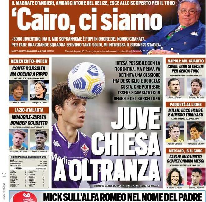 'Juve, Chiesa a oltranza', 'Juve-Napoli sul filo': le prime pagine dei giornali