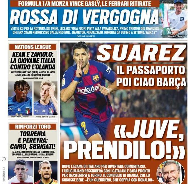 'Suarez, il passaporto. Poi ciao Barça', 'La carta Morata per Pirlo': le prime pagine dei giornali