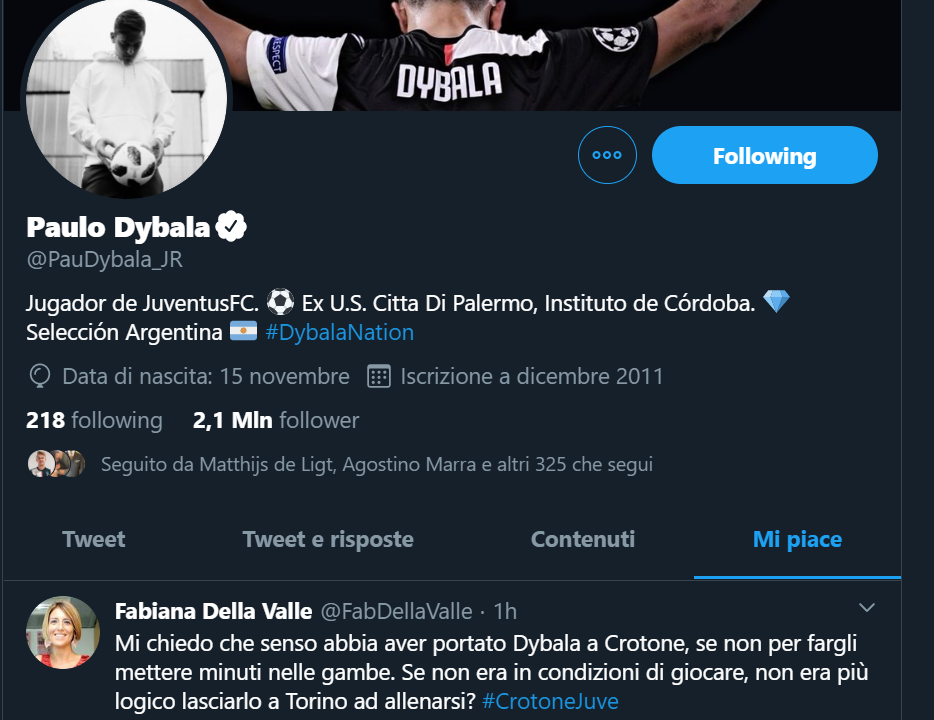 Dybala, like al tweet su Pirlo: 'Che senso aveva portarlo a Crotone? Era meglio lasciarlo a Torino'