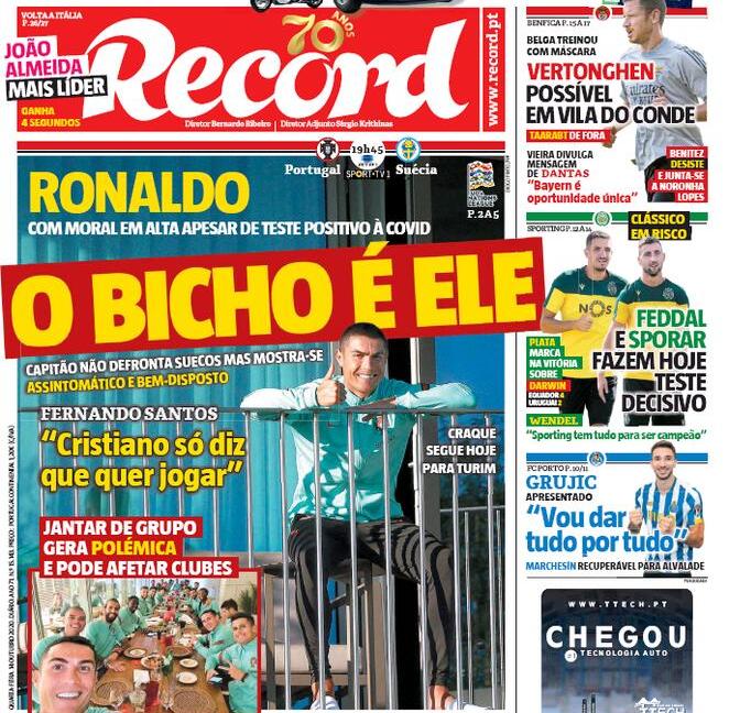 'Il covid colpisce anche Ronaldo': le PRIME PAGINE di tutto il mondo su CR7