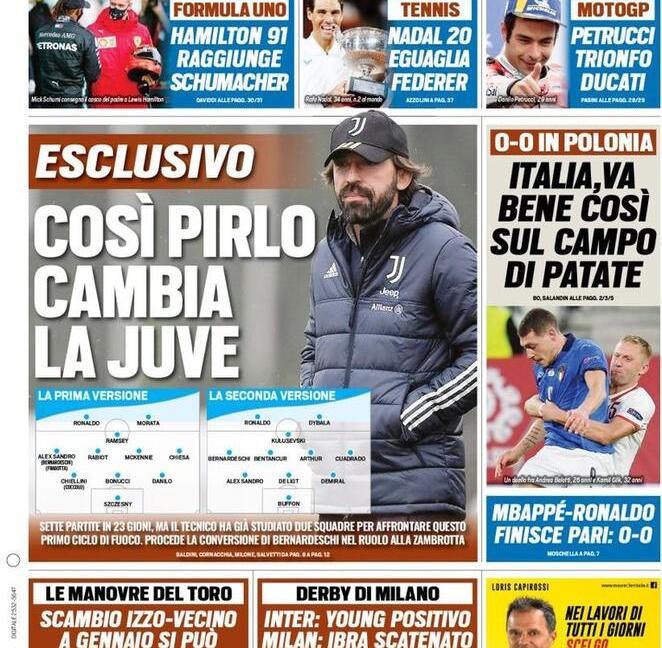 'Così Pirlo cambia la Juve', 'Bella Italia ma non morde': le prime pagine dei giornali