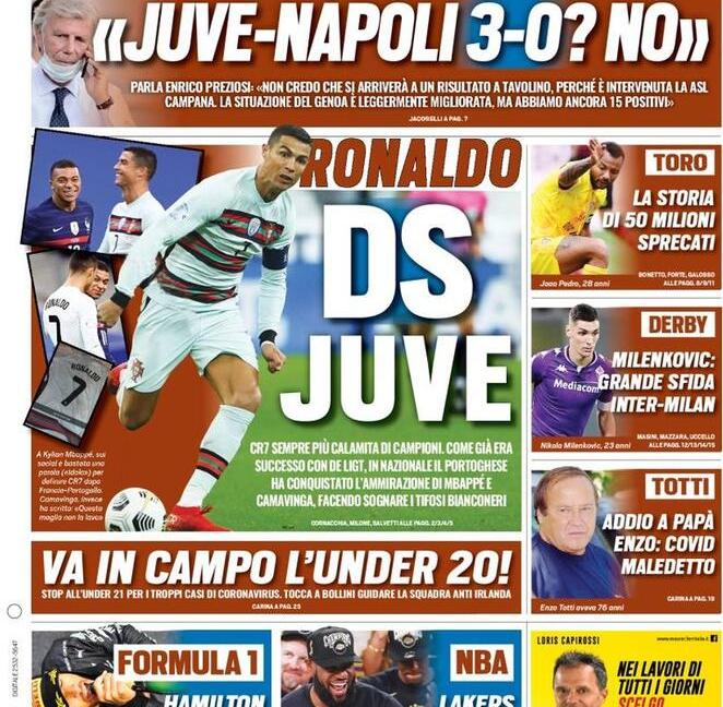 'Ronaldo ds Juve, attira Mbappé e Camavinga': le prime pagine dei giornali