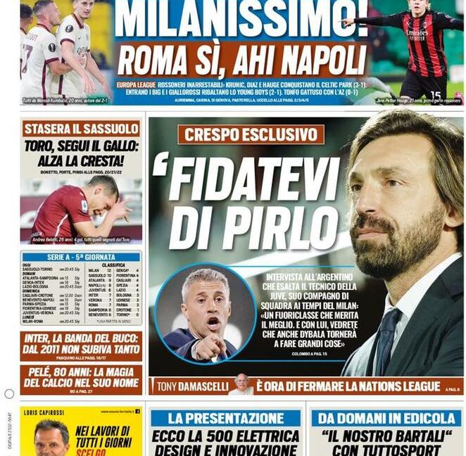 'Fidatevi di Pirlo', 'Ronaldo lotta contro il tempo': le prime pagine dei giornali