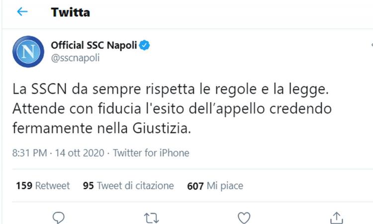 Juve-Napoli, il club partenopeo: 'Da sempre rispettiamo regole e leggi. Crediamo nella Giustizia'