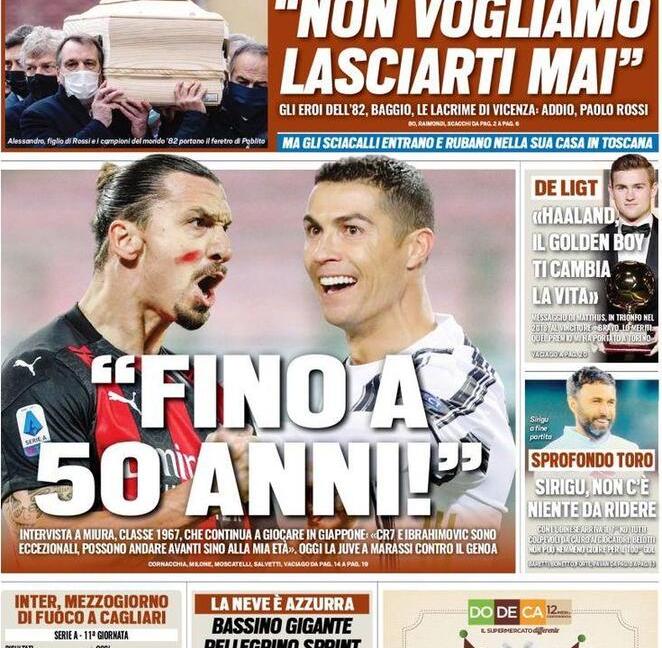 'Pirlo con CR100 e la qualità di Dybala', 'Ibra e Ronaldo fino a 50 anni': le prime dei giornali