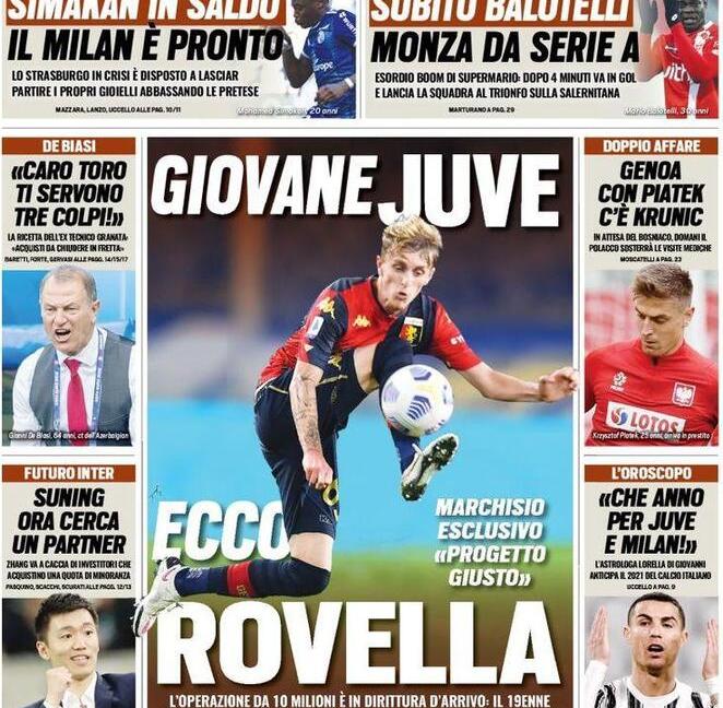 'Ecco Rovella', 'Colpo Juve per il futuro': le prime pagine dei giornali