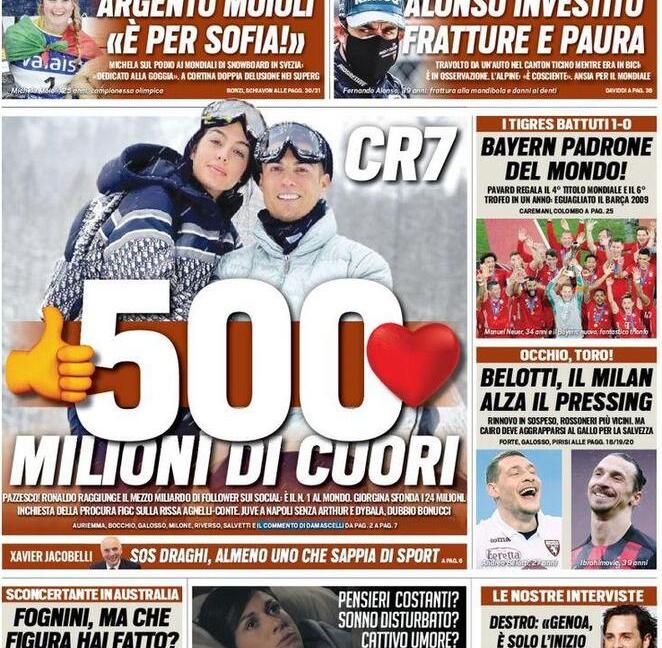 'Ronaldo, 500 milioni di cuori', 'Gattuso-Pirlo, brutto scherzo': le prime pagine dei giornali