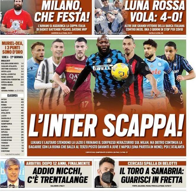 'L'Inter scappa', 'Cima Lukaku': le prime pagine dei giornali