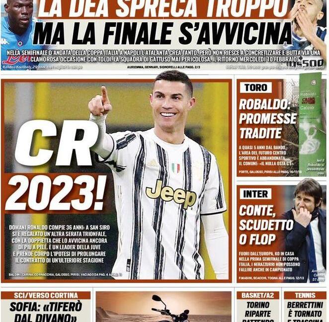 'CR 2023!', 'Ronaldo sfida Sivori' e 'Pirlo, che musica': le prime pagine dei giornali