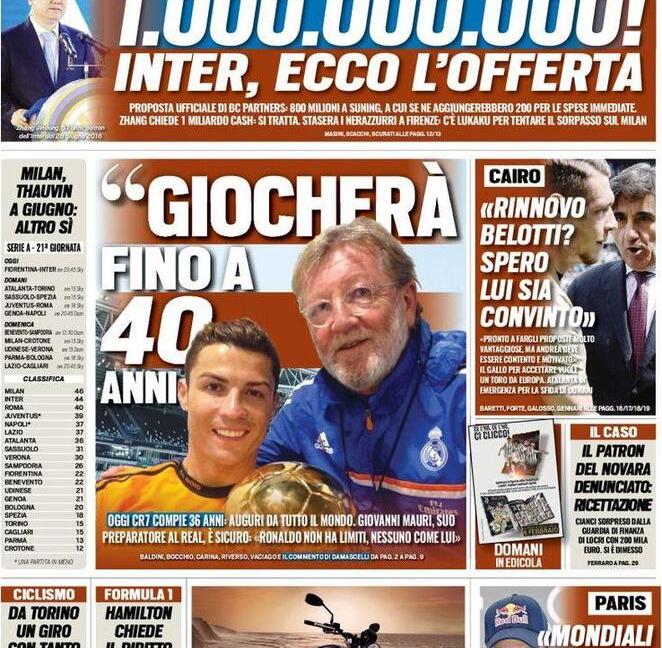 'Ronaldo giocherà fino a 40 anni', 'Pirlo, è un’altra Juve': le prime pagine dei giornali