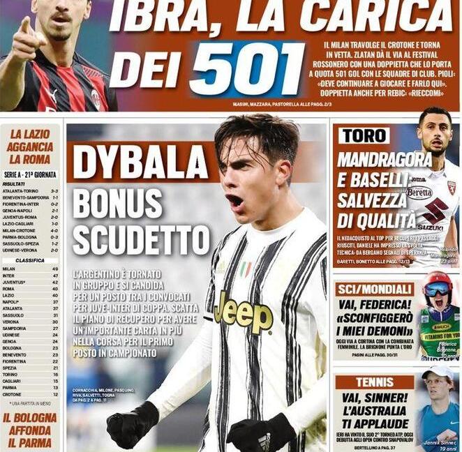 'Dybala bonus scudetto', 'Chiellini-Lukaku, scontro finale': le prime pagine dei giornali