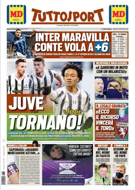 'Juve, tornano!', 'Dybala verso il Porto', 'Ciaone Inter': le prime pagine dei giornali