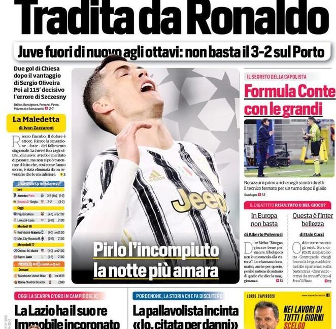 'Buio Juve, così no! Tradita da Ronaldo': i giornali dopo l'eliminazione dalla Champions