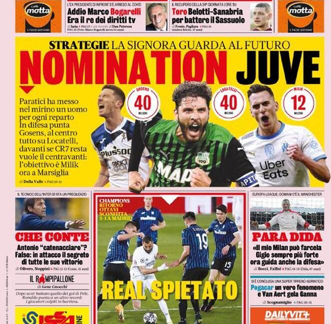 'Nomination Juve', 'Casa Ronaldo', 'Dybala accelera': le prime pagine dei giornali