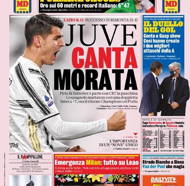 'Canta Morata', 'Più forti di tutto', 'Juve, fiamme negli occhi': le prime pagine dei giornali