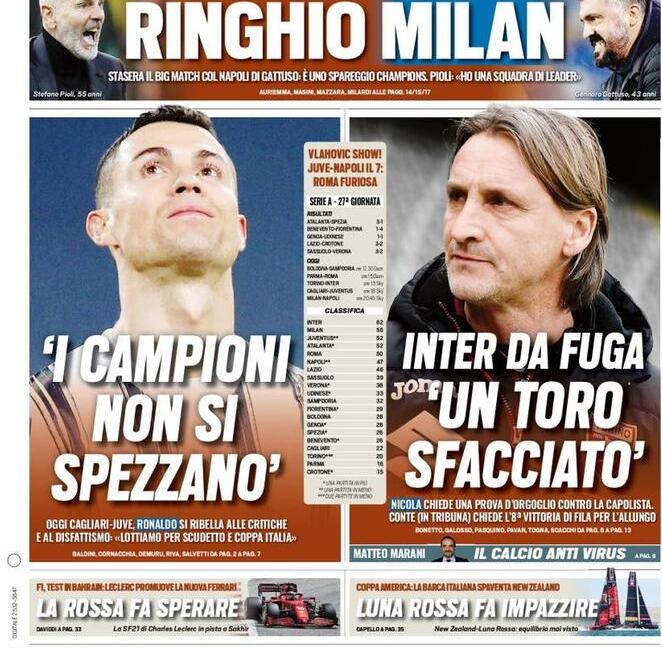 'Rinvio Juve-Napoli, scontro Roma', 'I campioni non si spezzano': le prime pagine dei giornali