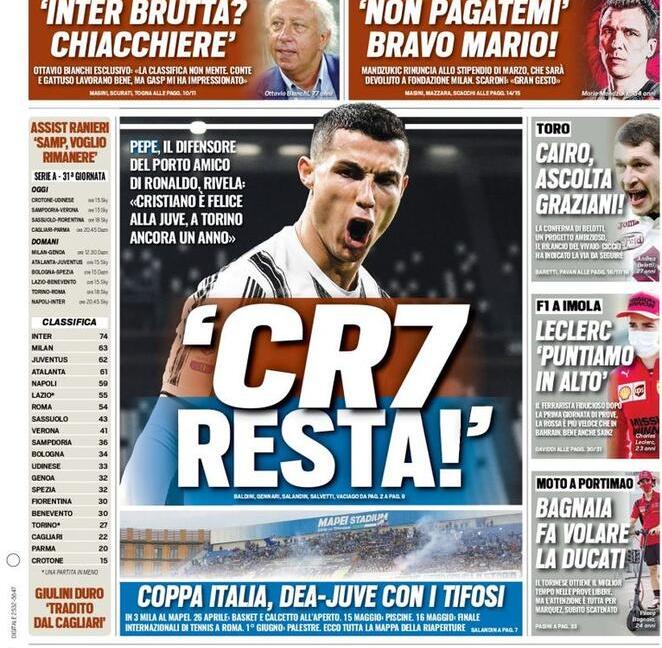 'CR7 resta!', 'Coppa Italia coi tifosi', 'Vlahovic come Chiesa': le prime pagine dei giornali