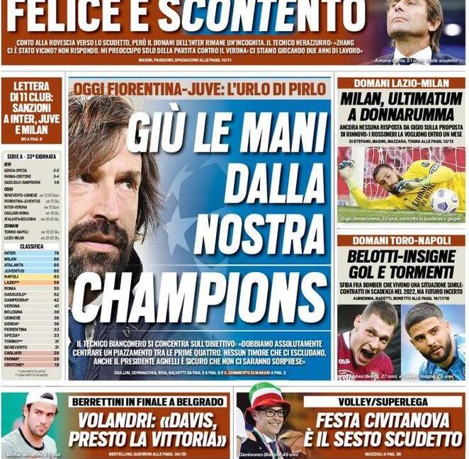 'Giù le mani dalla Champions', 'Juve, vietato sbagliare': le prime pagine dei giornali