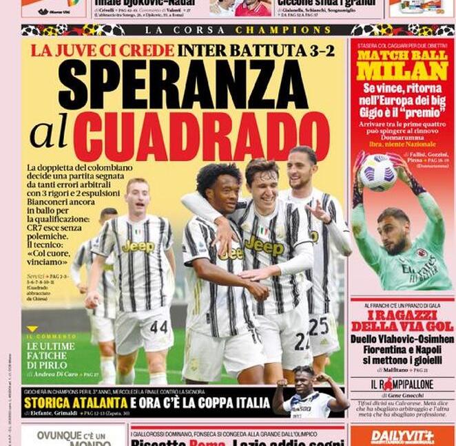 'Speranza al Cuadrado', 'Juve con le unghie', 'Che orgoglio!': le prime pagine dei giornali