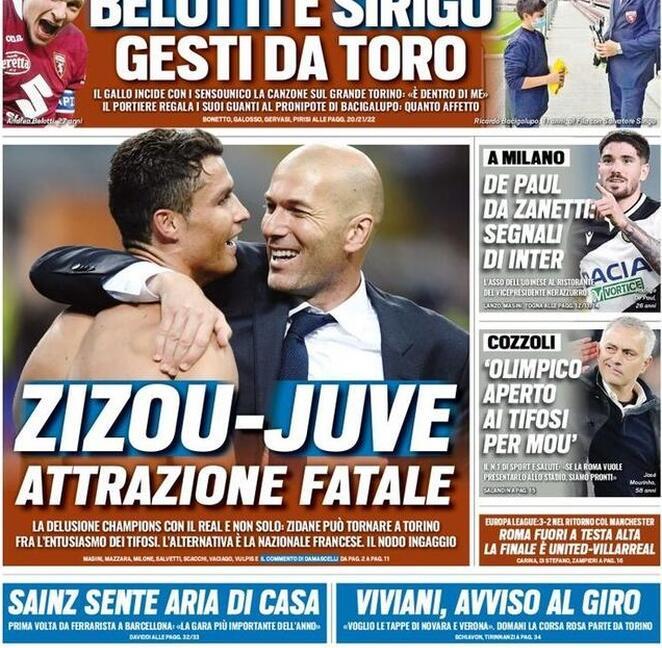 'Zizou-Juve, attrazione fatale', 'Juve-Milan, i duelli scaccia fantasmi': le prime pagine dei giornali