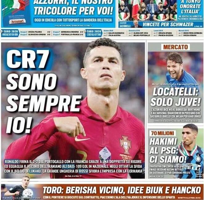 '‘CR7, altro record', 'Locatelli: solo Juve!': le prime pagine dei giornali