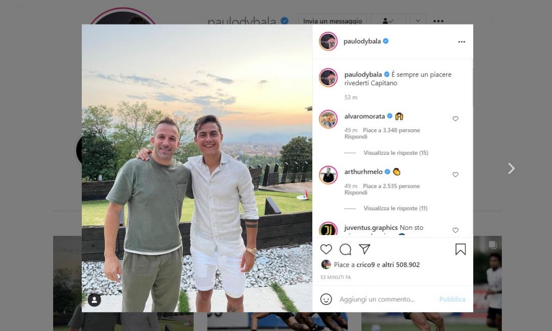 Dybala, la FOTO con Del Piero fa impazzire il web: da Morata ai tifosi, tutti i commenti! E sul mercato...