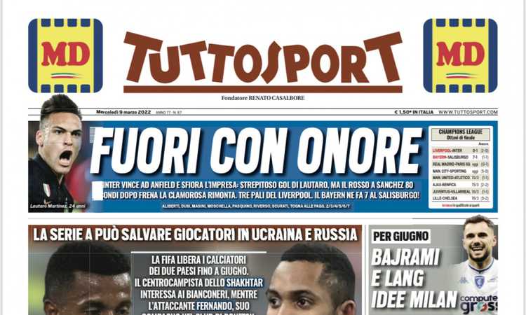 'Juve, c'è Marcos Antonio, interessa il centrocampista dello Shakhtar', 'L'Inter esce con onore': le prime pagine dei giornali